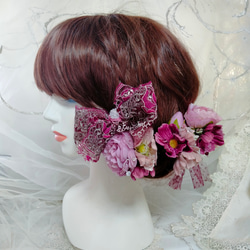 髪飾り☆ワインチユールレースに薔薇とアネモネ 2枚目の画像