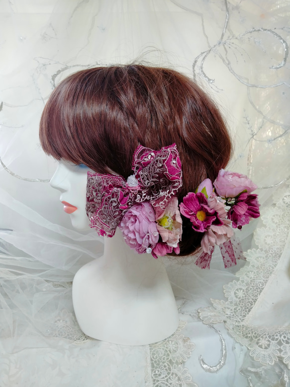 髪飾り☆ワインチユールレースに薔薇とアネモネ 2枚目の画像