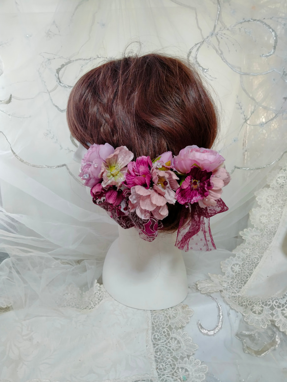 髪飾り☆ワインチユールレースに薔薇とアネモネ 9枚目の画像