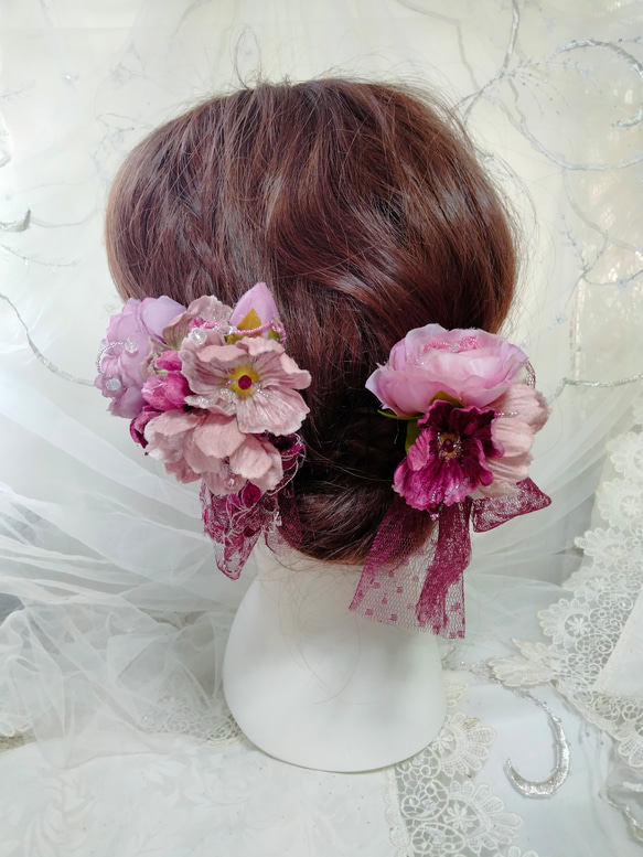 髪飾り☆ワインチユールレースに薔薇とアネモネ 5枚目の画像
