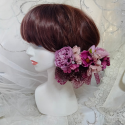 髪飾り☆ワインチユールレースに薔薇とアネモネ 4枚目の画像