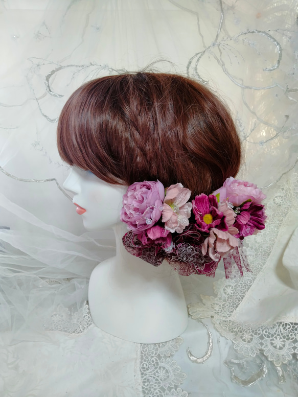 髪飾り☆ワインチユールレースに薔薇とアネモネ 3枚目の画像