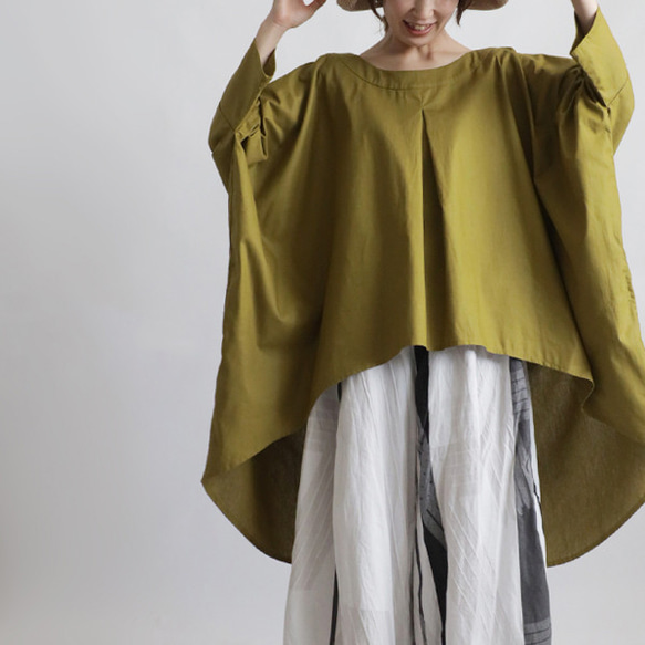 ⁂ラスト１　最終ＳＡＬＥ　ギマ擬麻コットン　燕尾裾　ワイド幅広プルオーバー　ゆったり変形オーバーシャツ　ポンチョA88 2枚目の画像