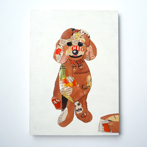 レザーのコラージュアート （トイプードル）犬 動物 A4サイズ 木製パネル 1枚目の画像