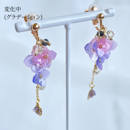 色が変わる紫陽花イヤリング/ピアス ٭❀* 淡いグラデーション 揺れる 