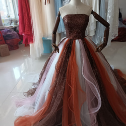 送料無料！ ブラウン　茶色　輝きな光彩を放つ キラキラチュールカラードレス 可愛い 編み上げ プリンセスドレスオーバード 3枚目の画像