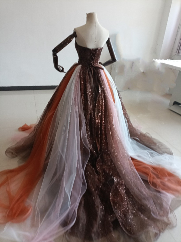 送料無料！ ブラウン　茶色　輝きな光彩を放つ キラキラチュールカラードレス 可愛い 編み上げ プリンセスドレスオーバード 10枚目の画像