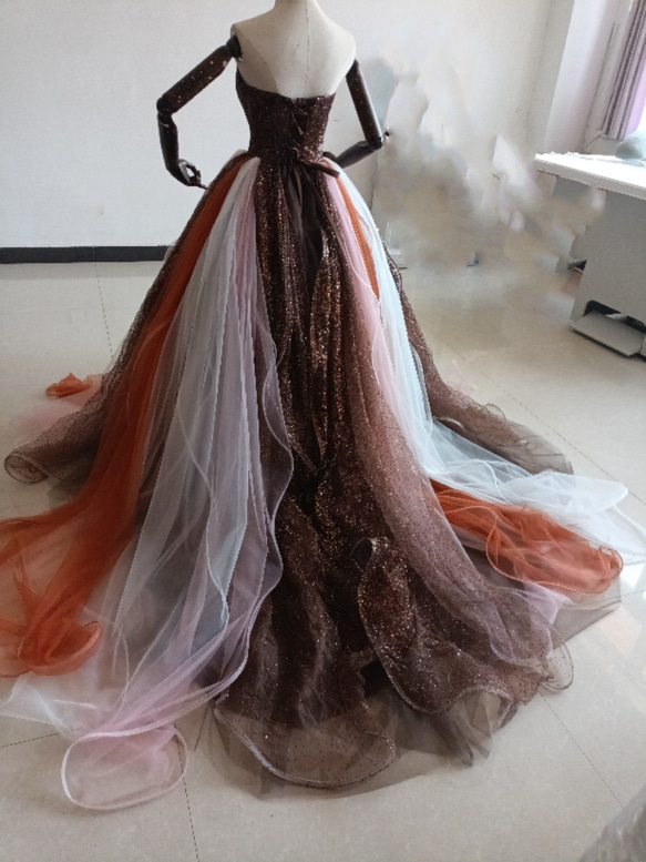 送料無料！ ブラウン　茶色　輝きな光彩を放つ キラキラチュールカラードレス 可愛い 編み上げ プリンセスドレスオーバード 12枚目の画像
