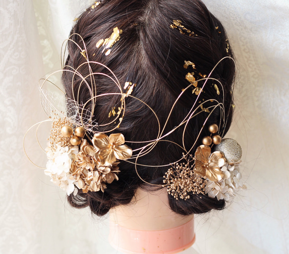 アンティークゴールド☆ドライフラワー ヘッドパーツ 成人式 卒業式 髪