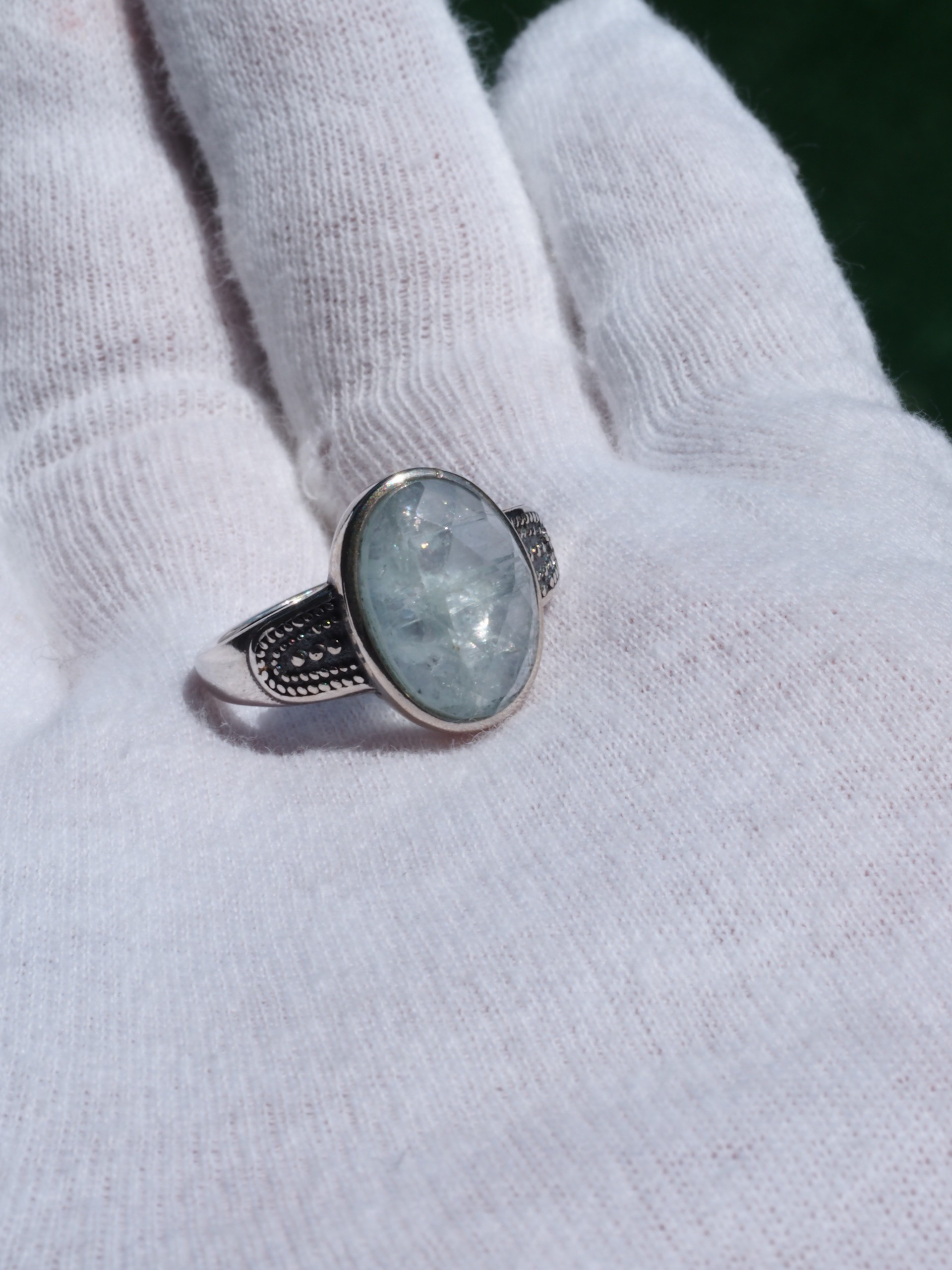 再販　HDアクアマリンｘクリスタル14（ＲＣ）　S925アンティークシルバーリング