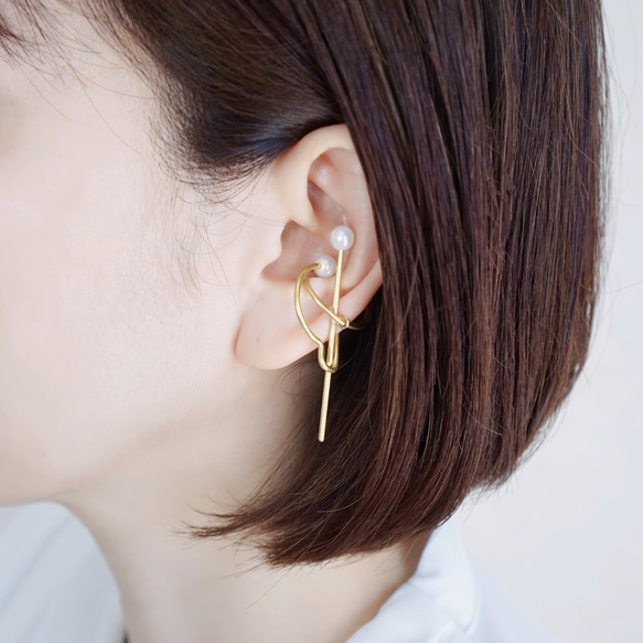 【單耳耳夾/黃銅材質】「圓+線」仿珍珠黃銅配件 第3張的照片