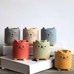 植木鉢6個セット フクロウ＆ネコ 陶器 ふくろう 猫 居眠り