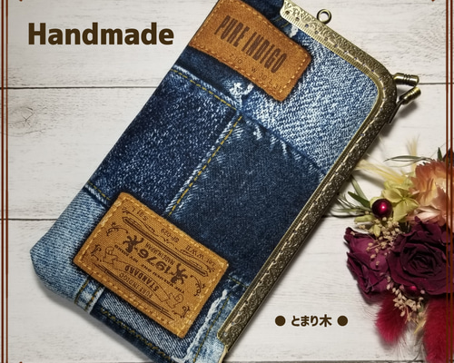 ☆デニムパッチ柄(ブルー)☆オックス☆L字がま口【スマホポーチ