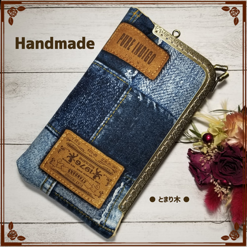 ☆デニムパッチ柄(ブルー)☆オックス☆L字がま口【スマホポーチ