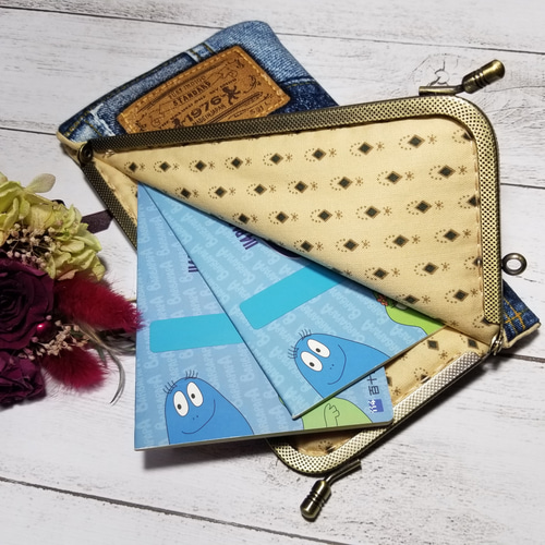 ☆デニムパッチ柄(ブルー)☆オックス☆L字がま口【スマホポーチ