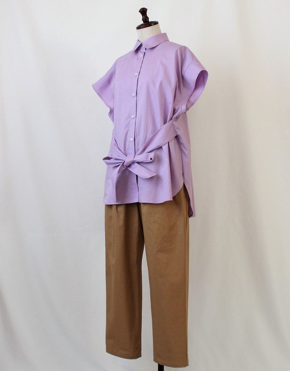 2way高密度ブロードキャップスリーブシャツ　ラベンダーカラー　日本製　受注生産　コットン　リボンベルト　大人かわいい 8枚目の画像