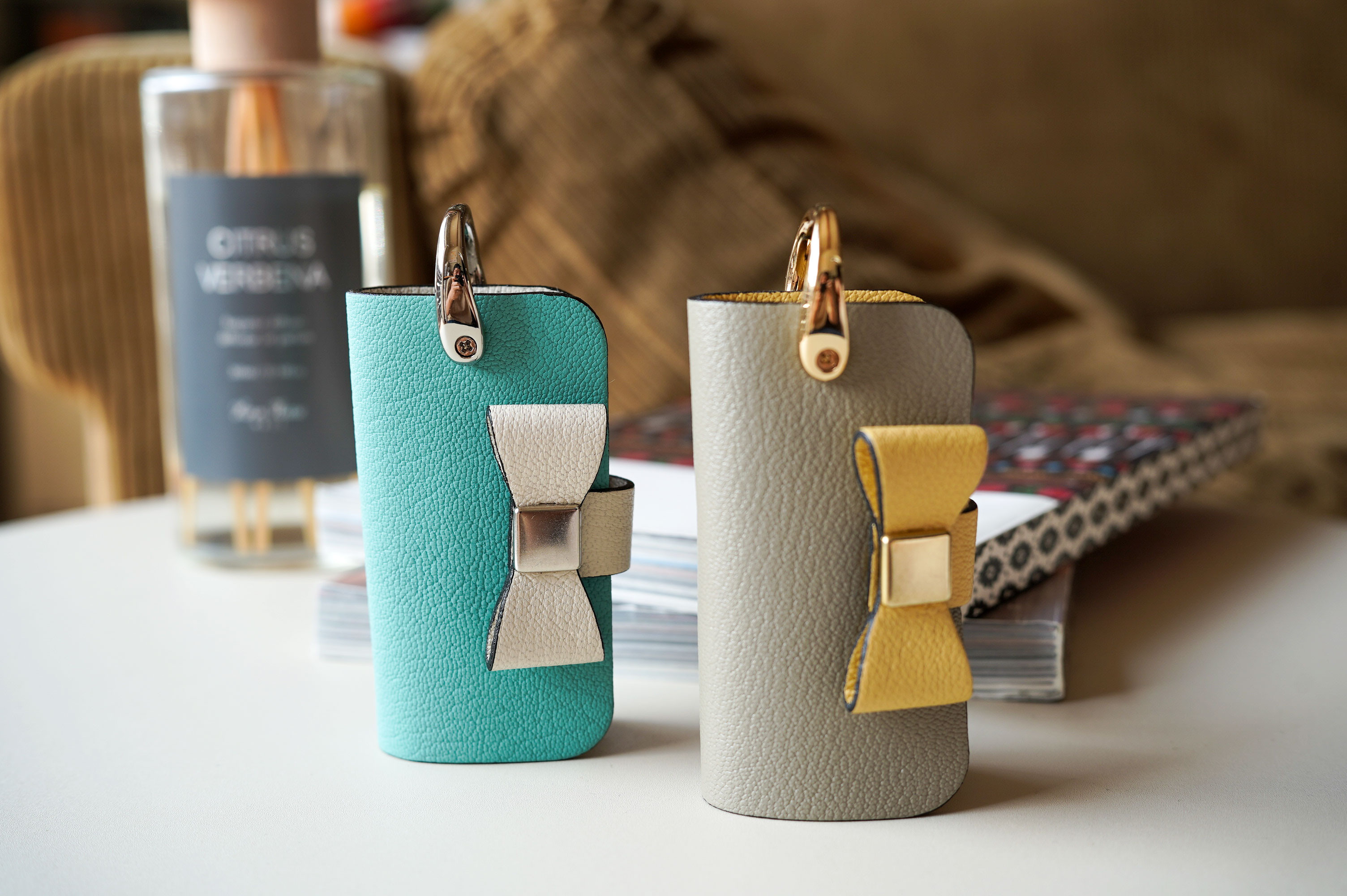 フランス産山羊革シュリーのコンパクトリボンキーケース スマートキーケース　本革 マカロンカラー