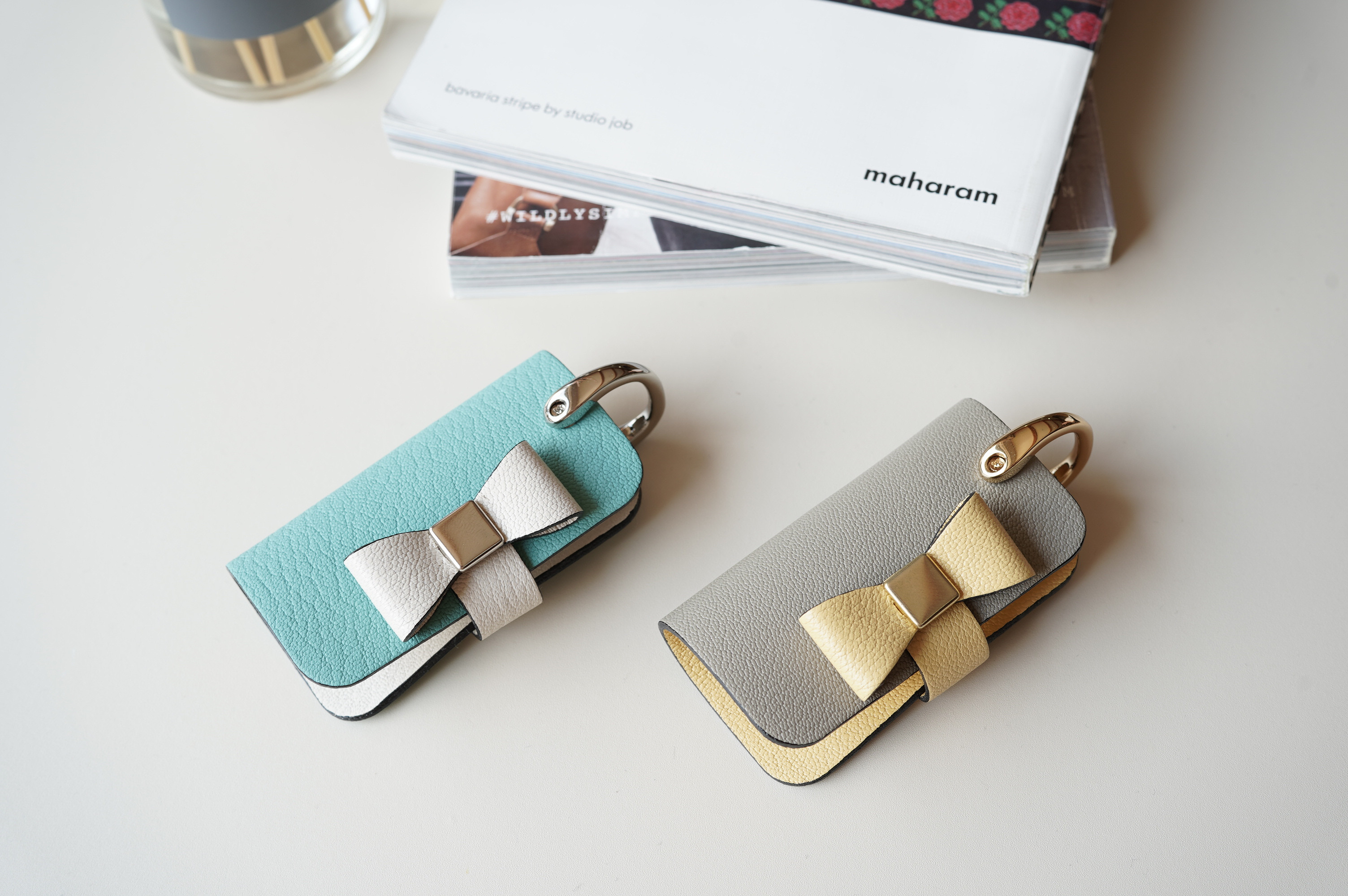 フランス産山羊革シュリーのコンパクトリボンキーケース スマートキーケース　本革 マカロンカラー