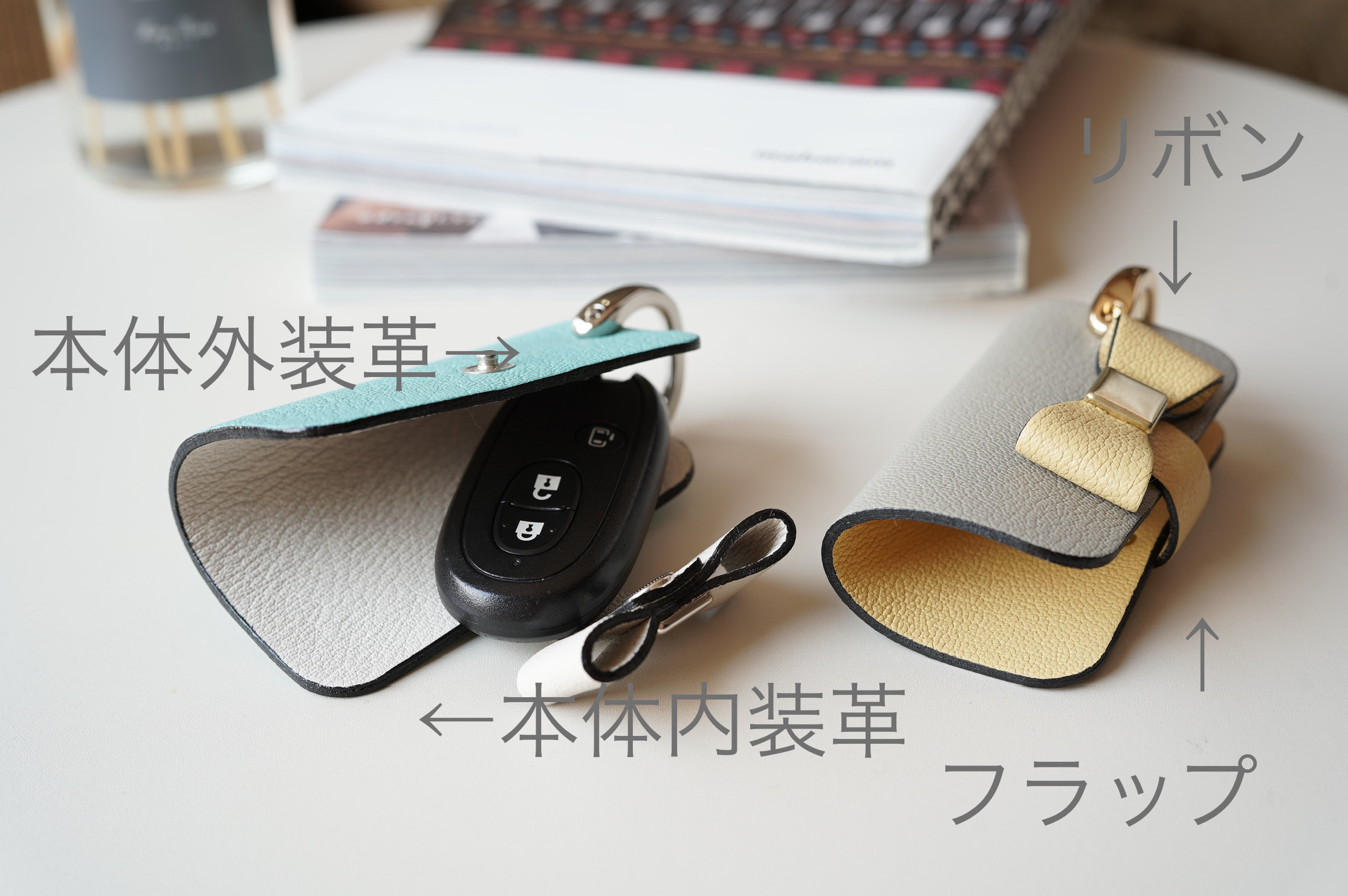 フランス産山羊革シュリーのコンパクトリボンキーケース スマートキーケース　本革 マカロンカラー