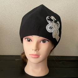 C-28❤︎ブラック✖️バテンレース❤︎医療用帽子　ケア帽子　オシャレ帽子 4枚目の画像