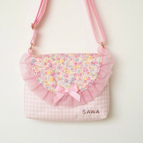 通園バッグにも♡花柄キッズポシェット（ピンク）♡名入れ可能♡ふた