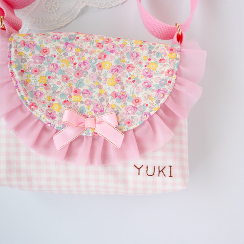 通園バッグにも♡花柄キッズポシェット（ピンク）♡名入れ可能♡ふた
