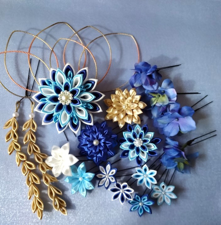 洋風つまみ細工＊髪飾り・ヘッドドレス【青と水色と白金】豪華セット　下がり、水引風飾り付き・成人式・結婚式等
