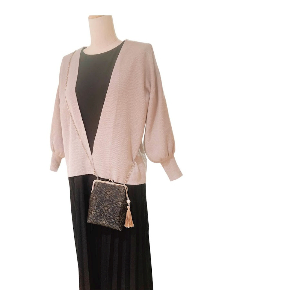 がまぐちキモノショルダー　大島紬　麻の葉柄　着物リメイク