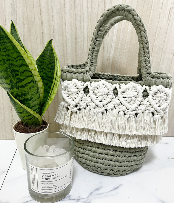 マクラメ✖️ダブルフリンジ♪ ロシアヤーン ズパゲッティ トート  