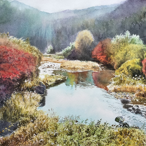 絵画 水彩画 風景画 画題 「晩秋の川景色」 絵画 yamakasumi56