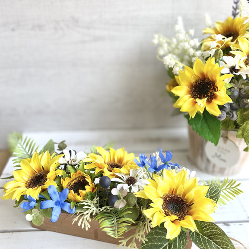 2way♪ ひまわりの木製縦長フラワーボックス 壁掛け！卓上どちらも