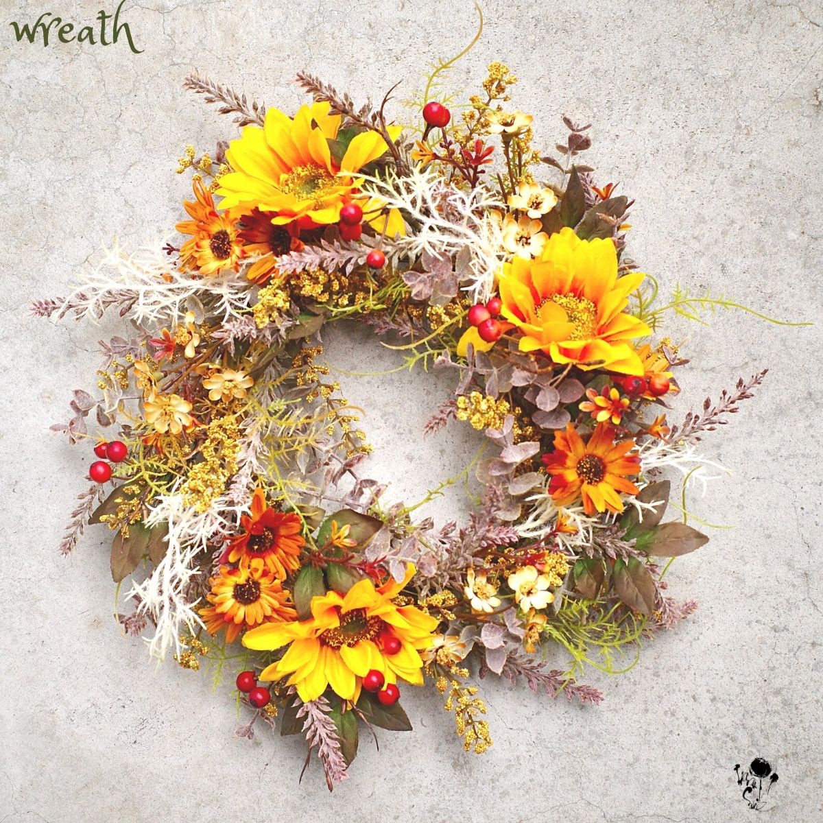 ひまわりと小花のナチュラルリース 送料無料 造花 アンティーク 向日葵 雑貨 夏のインテリア ヒマワリ