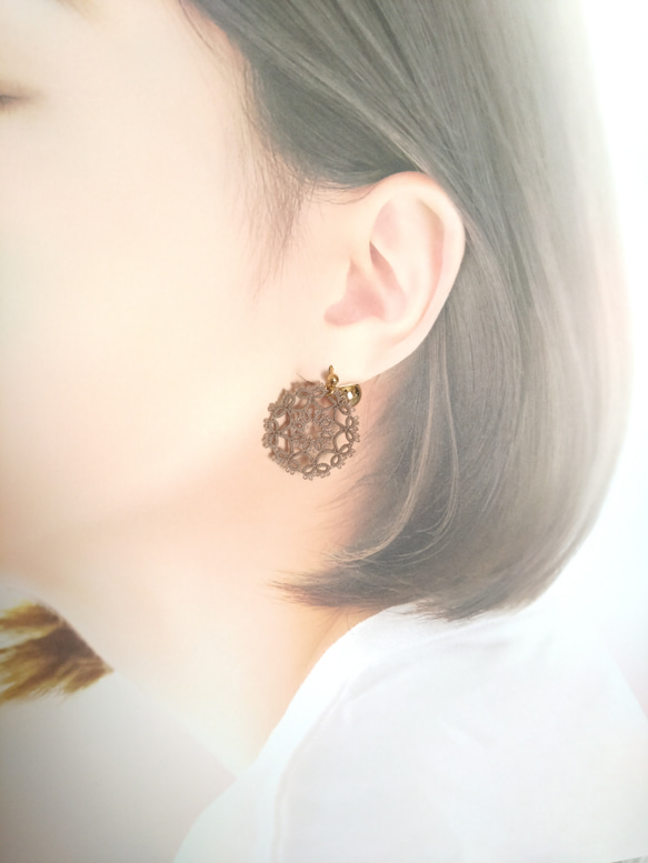 *＊。marrone scuro細糸*＊。タティングレース ピアス*＊。こげ茶色＊細糸＊ピアス ＊イヤリング＊brown 10枚目の画像