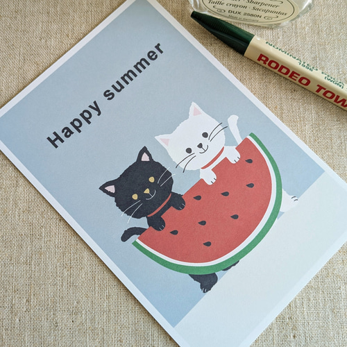 暑中見舞いハガキ/黒猫と白猫とスイカ〈暑中見舞い・残暑見舞いハガキ