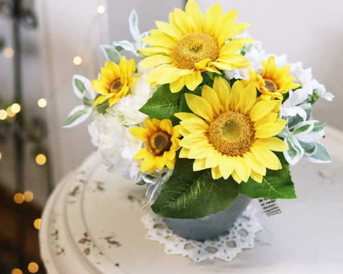 ビタミンカラー♪「向日葵と紫陽花の寄せ植えアレンジメント