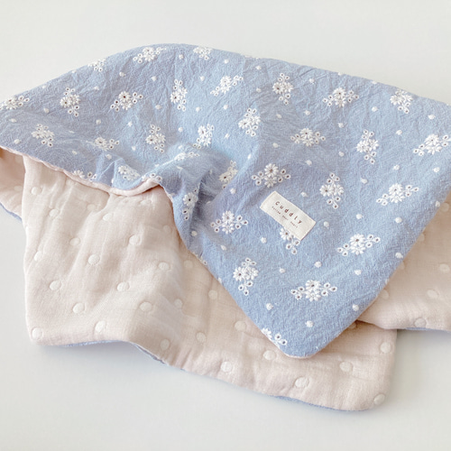 ガーゼケット 刺繍生地 花柄ナチュラルブルー ドット ブランケット  