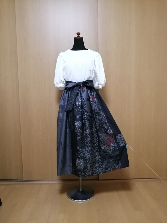 SOLD 着物リメイク ギャザースカート 大島紬 ロングスカート（マキシ丈