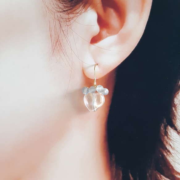 水色水晶心型與拉長石耳環 第5張的照片