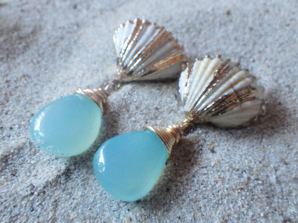 Mermaid Shell Earrings シーブルーカルセドニー☆ピアス☆ 3枚目の画像