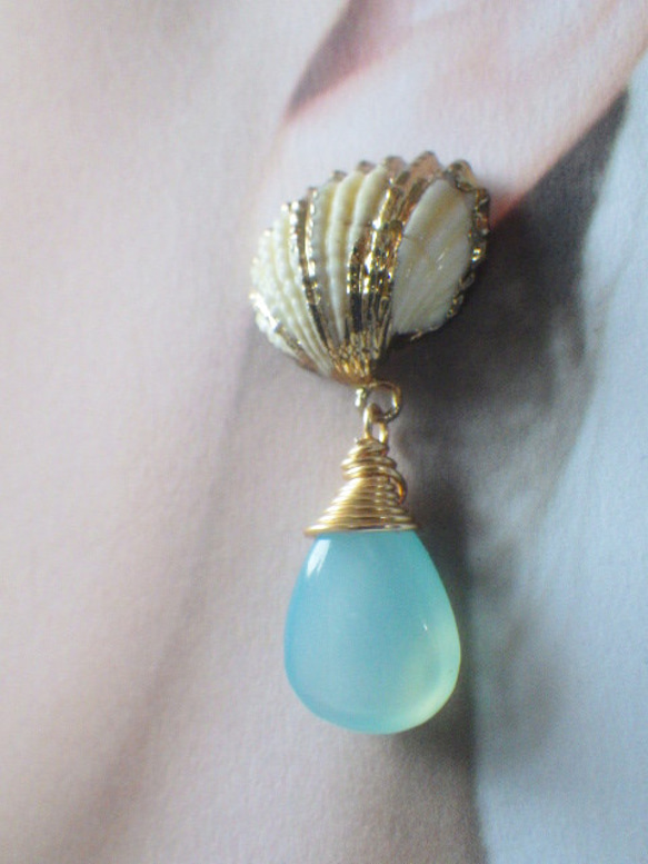 Mermaid Shell Earrings シーブルーカルセドニー☆ピアス☆ 14枚目の画像