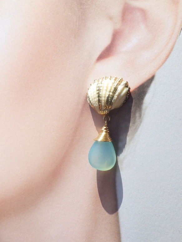 Mermaid Shell Earrings シーブルーカルセドニー☆ピアス☆ 10枚目の画像