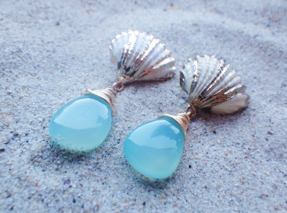 Mermaid Shell Earrings シーブルーカルセドニー☆ピアス☆ 11枚目の画像