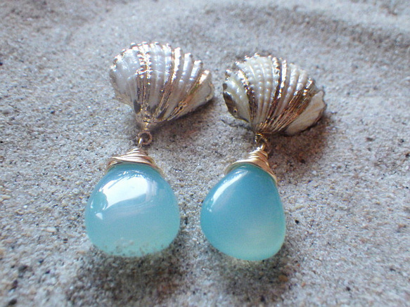 Mermaid Shell Earrings シーブルーカルセドニー☆ピアス☆ 5枚目の画像