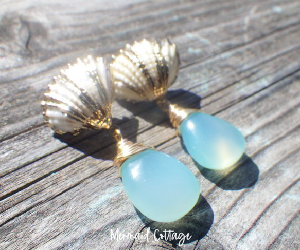 Mermaid Shell Earrings シーブルーカルセドニー☆ピアス☆ 2枚目の画像