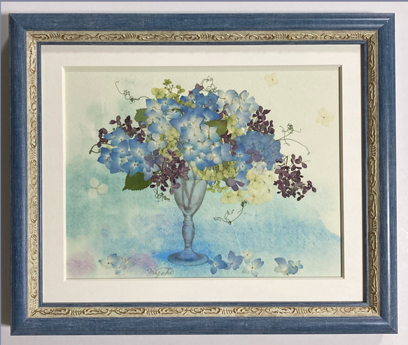 押し花 押し花額 押し花アート アジサイ 紫陽花 水彩 ブルー系
