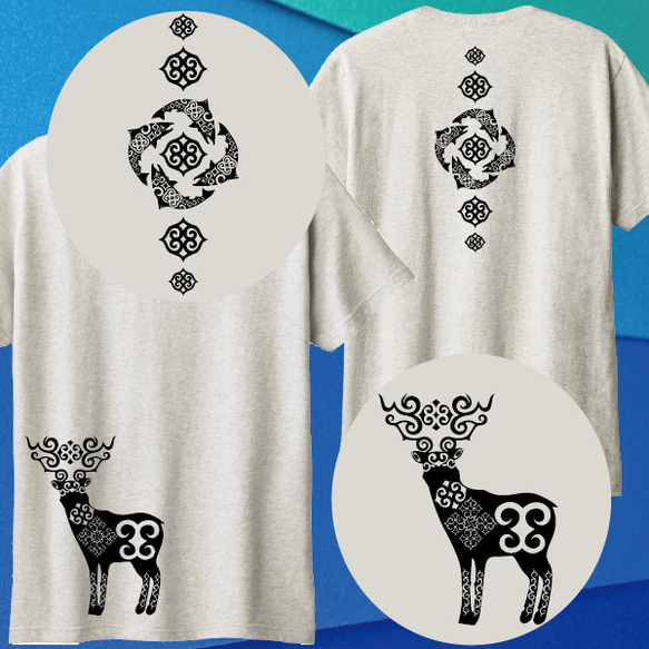【キッズサイズ】【おしゃれ】カムイデザインTシャツ【アイヌカムイTシャツ鹿デザイン】 1枚目の画像
