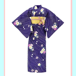 京染浴衣 浴衣単品 「桜と花筏」 紫地 箔入り 綿縦縞 綿100% 春着物 単衣 レディース №23-0018 3枚目の画像