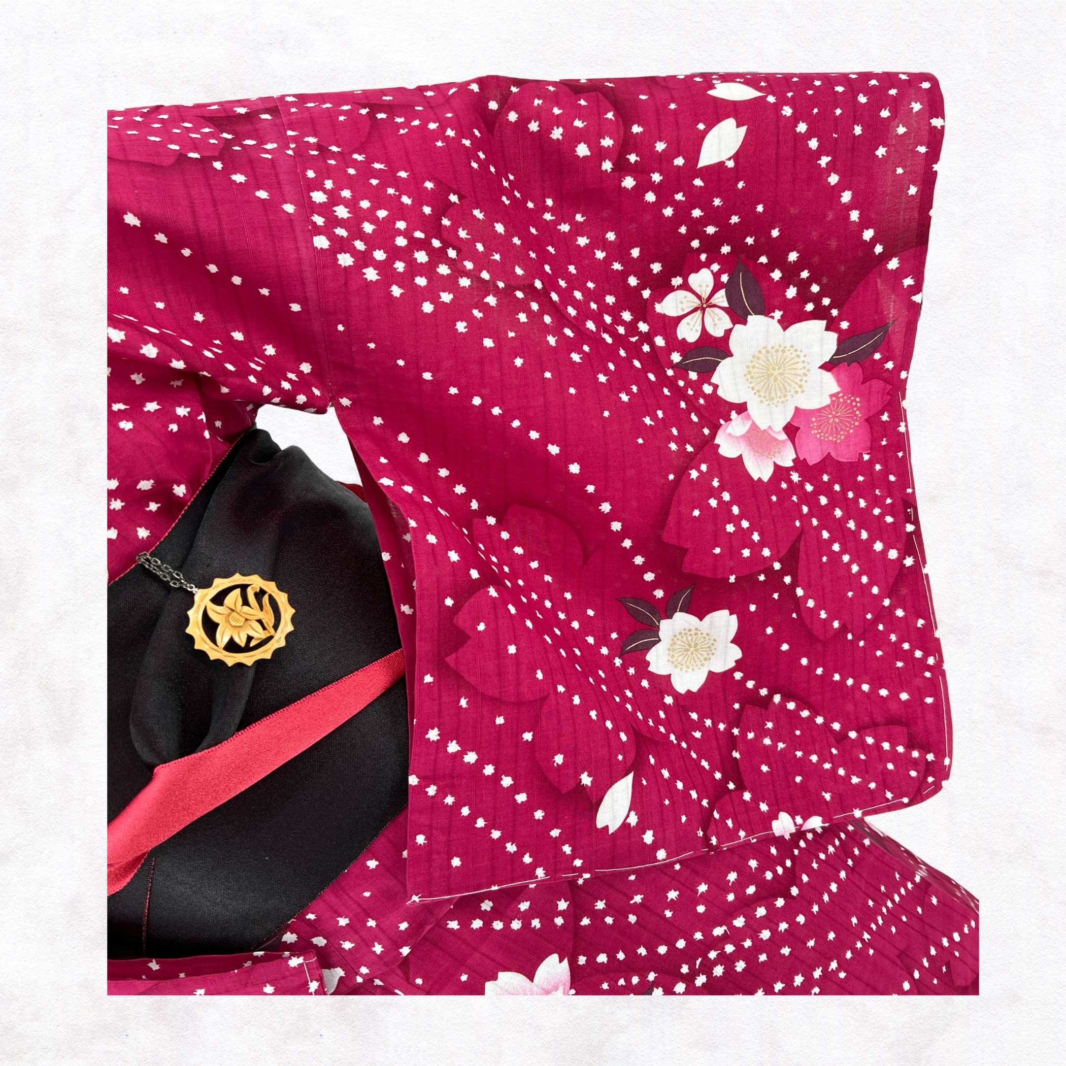 京染浴衣 浴衣単品 「桜と花筏」 赤地 箔入り 綿縦縞 綿100% 夏着物 単衣 レディース Y-AD-0023