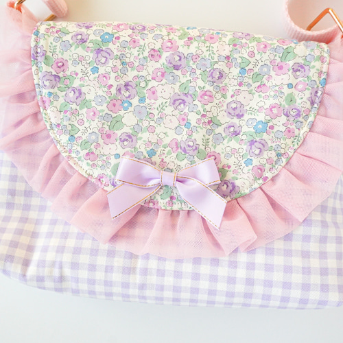 名入れ♡花柄キッズポシェット（パープル）♡通園バッグ