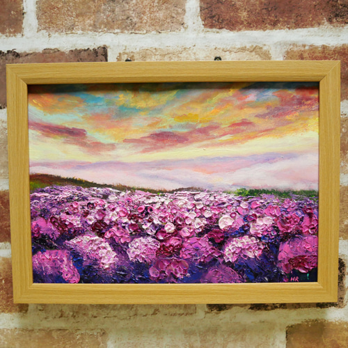 油絵 油彩 油彩画 絵 絵画【天空の夕日と紫陽花】